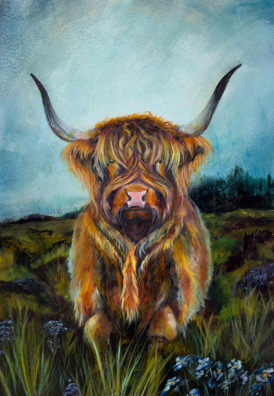 Moo in the Field - original mixed media oil painting by Ishi Wild